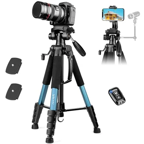 Victiv 188cm Kamera Stativ, Leichtes & Kompaktes Reisestativ für DSLR Canon Nikon Sony, Aluminium Fotostativ mit Abnehmbar 3-Wege-Kopf, Stativ für Smartphone mit Handy Halterung, Fernbedienung - Blau
