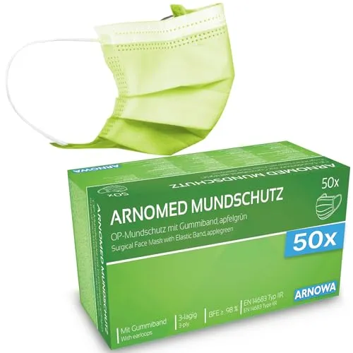 50xARNOMED® Medizinische Mundschutzmaske Grün, Op Maske, Medical Face Mask, Schutzmaske Mund & Nase, Einwegmasken, Chirugischer Mundschutz, Klinische Gesichtsmasken