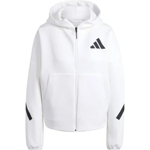 adidas Women's Z.N.E. Zip-Hoodie White XS - Kapuzenpullover für Damen, locker geschnitten mit durchgehendem Reißverschluss, aus 57 % recyceltem Polyester und 43 % Baumwolle für nachhaltigen Komfort.