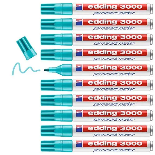 edding 3000 Permanentmarker - türkis (blau) - 10 Stifte - Permanentmarker für vielseitige Anwendungen auf Karton, Holz, Metall und mehr. Schnelltrocknend, wischfest und wasserfest – ideal für präzise Markierungen im Büro und Zuhause.
