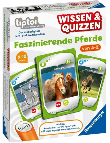 Ravensburger 00079 - tiptoi® Wissen & Quizzen „Faszinierende Pferde“ - Gesellschaftsspiel für Kinder ab 6 Jahren, bietet faszinierendes Wissen über Pferde und spannende Quizfragen für spielerisches Lernen.