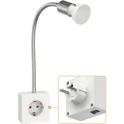 ledscom.de Steckdosenlampe LESCH Leselampe, chrom/weiß inkl. GU10 LED Lampe - Ventilatoren mit integrierter Schuko-Steckdose für zusätzliche Funktionalität und flexible Beleuchtung durch schwenkbaren Schwanenhals – ideal für jedes Zuhause.
