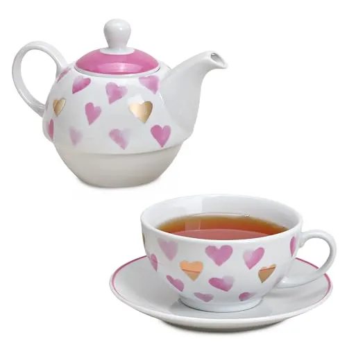 Teekanne Set in rosa pink gold und weiß mit Herz - Süße Porzellan Teetasse mit Deckel für 400ml | 200ml - Außergewöhnliche Kaffeetassen spülmaschinenfest und mikrowellengeeignet als Geschenk