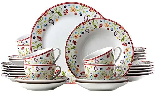 RitzenhoffundBreker Tafelservice Doppio Shanti - 30-teiliges Kombiservice für 6 Personen, buntes Porzellan mit Paisley-Blüten-Dekor, spülmaschinen- und mikrowellengeeignet
