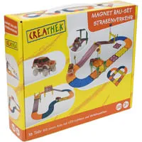Creathek Magnetbausteine inklusive Auto, 38 Teile - Holzspielzeug mit 38 Magnetbausteinen, Verkehrsschildern und einem Auto. Fördert kreatives Spielen und Motorik bei Kindern ab 3 Jahren.