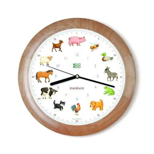KOOKOO KidsWorld Holz Bauernhofuhr mit 12 Tierstimmen - Wanduhren für Kinder: Bauernhofuhr mit echten Tiergeräuschen, die das Lernen der Uhrzeit spielerisch gestalten und mit lustigen Illustrationen begeistern.