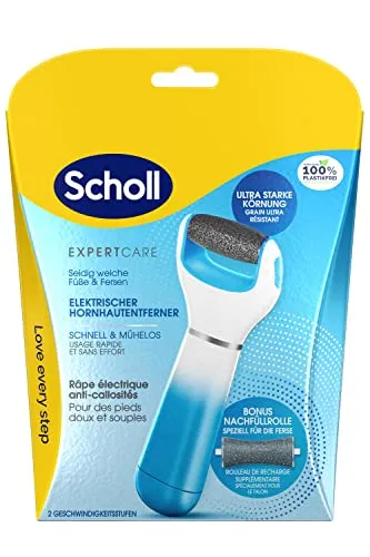 Scholl Hornhautentferner ExpertCare, elektrisch, extra starke Körnung - Fußpflege für seidig weiche Füße, mit Diamantpartikeln für effektive Hornhautentfernung und ergonomischem Griff. Ideal für trockene und eingeweichte Haut.
