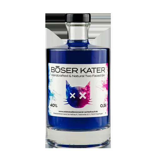 BÖSER KATER Magic Two Faced Gin - Gin mit Farbwechsel-Effekt von Blau zu Violett beim Mischen mit Tonic Water, handgemacht und ideal als Geschenk in hochwertiger Box, unterstützt den Katzenschutzverein.