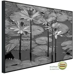 Papermoon Infrarotheizung INFRAROT-BILD-HEIZUNG, Seerosen, Teich, Blüten, Blätter Schwarz & Weiß, TÜV-Rheinland/GS zertifiziert, angenehme Strahlungswärme 120 cm x 90 cm x 3 cm