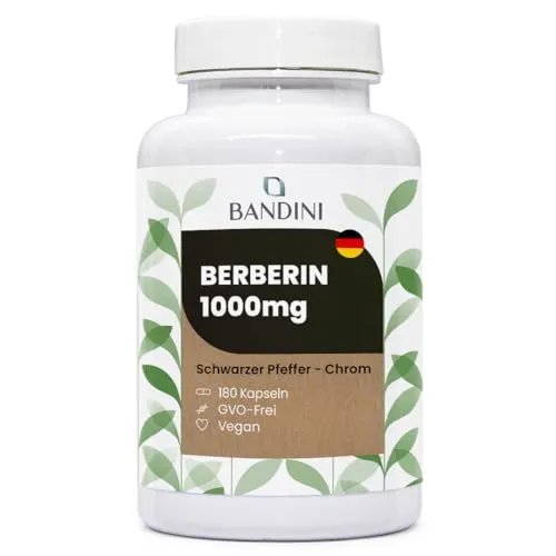 Bandini® Berberin 1040mg hochdosiert - 180 vegane Kapseln - Pflanzliche Ergänzungsmittel mit 97% reinem Berberin HCl, unterstützt Verdauung und Leberfunktion, angereichert mit Chrom und schwarzem Pfeffer für maximale Absorption.