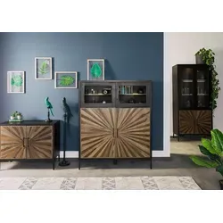 Highboard Sheesham 120x45x145 schwarz lackiert SUN #103 - Elegantes Highboard aus massivem Sheesham- und Mangoholz mit 8 Fächern. Staubgeschützt durch 2 Holz- und 2 Glastüren. Das moderne Intarsien-Design und die eleganten Füße setzen stilvolle Akzente in jedem Raum.