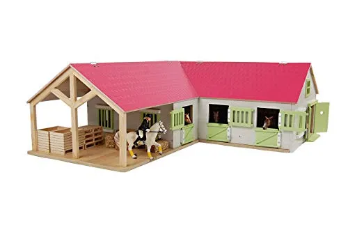 Kids Globe Farming Reiterhof rosa - Holz Bauernhof Pferdestall 1:24 mit 3 Boxen, praktisches Faltdach für kreatives Spielen
