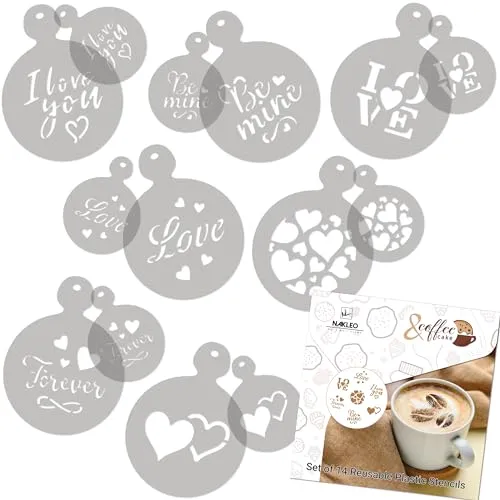 NAKLEO Kaffee Schablonen und Kekse Dekoration 14 Stück 7x7 und 11x11cm, Wiederverwendbare Plastik Backen Vorlage, Liebe Valentinstag, DIY Kunst, Cappuccino Latte Schokolade Torten Kuchen