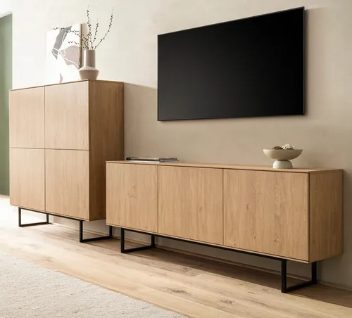 Furn.Design Wohnwand Breda – 2-teilig in Stone Eiche Dekor - Moderne Wohnwand mit 14 Fächern und Push-To-Open-Funktion. Ideal für Ihr Wohnzimmer, bietet praktischen Stauraum und überzeugt durch elegantes Design.
