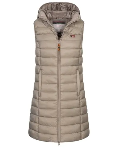 Geographical Norway Damen Steppweste mit Kapuze – Beige, Größe S (36) - Modische Übergangswesten für Herbst und Winter. Robustes Material, praktische Reißverschlusstaschen und trendige Länge sorgen für Stil und Funktionalität.