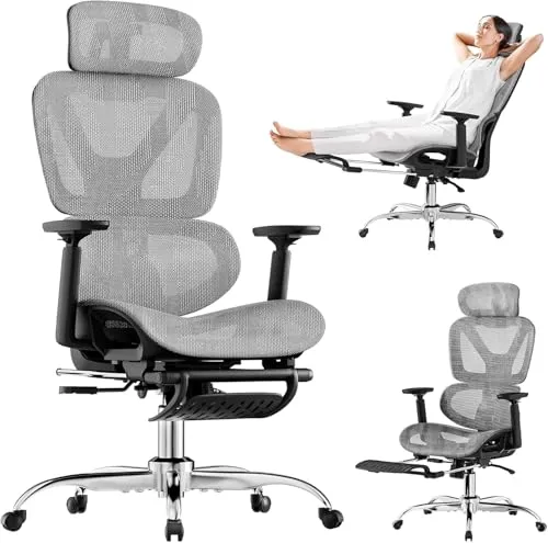 Ergonomischer Bürostuhl mit Fußstütze und verstellbarer Rückenlehne - Ergonomischer Schreibtischstuhl mit innovativer Rückenlehne und versteckter Fußstütze für entspanntes Sitzen. Ideal für Büro und Gaming, sorgt er für hohen Komfort und individuelle Anpassung.