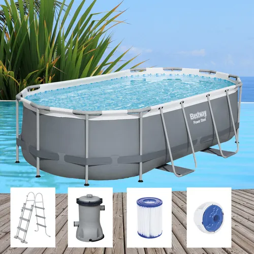 Bestway Power Steel Frame Pool-Set 427 x 250 cm mit Filterpumpe - Ovaler Swimmingpool mit 7.250 Litern Wasserkapazität, einfacher Werkzeugloser Aufbau und langlebigem TriTech-Material. Inklusive Filterpumpe und Sicherheitsleiter für sorgenfreies Schwimmen.