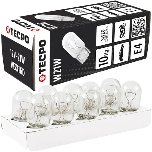 TECPO W21W Glassockellampe W3X16D T20 Glühlampe Glühbirne Halogen, Brems-, Blink-, Nebelschluss- und Rückfahrtleuchte 12V 21W weiß vorne/hinten Birne (10 Stück)