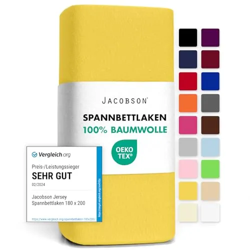Jacobson Jersey Spannbettlaken Spannbetttuch Baumwolle Bettlaken (140x200-160x200 cm, Gelb)