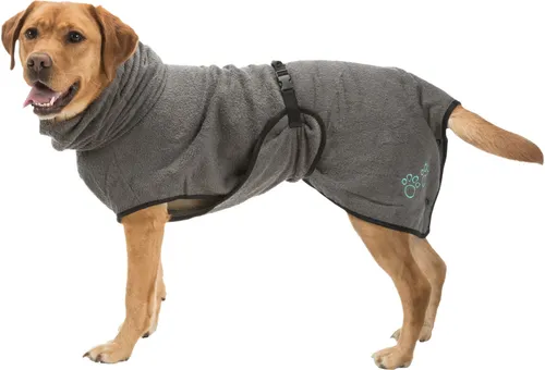 Trixie Hundebademantel aus Frottee S: 40 cm grau - Hunde Bademantel aus hochwertigem Frottee (100% Baumwolle), hält Ihren Hund nach dem Baden warm und trocken. Mit verstellbarem Bauchgurt für perfekten Sitz und einfachem Anziehen dank Druckknöpfen.