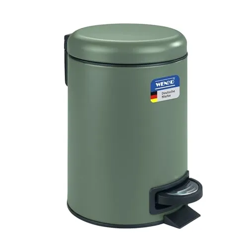 WENKO Kosmetikeimer 3 Liter, Stahl, herausnehmbarer Inneneimer mit Müllbeutelhalter, Mülleimer fürs Bad mit Deckel und Tretfunktion, ausklappbarer Tragegriff, Grün matt, Mod. Leman