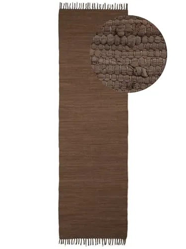 carpetfine Flickenteppich Kelim Chindi Uni Läufer Braun 60x180 cm, handgewebt - Hochwertiger handgewebter Flickenteppich im Boho-Look, ideal für Wohn- und Essbereiche. Die vielseitige Größe von 60x180 cm sorgt für eine gemütliche Atmosphäre. Pflegeleicht durch regelmäßiges Absaugen.