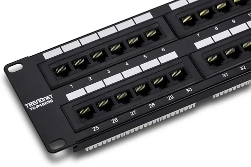 Trendnet TC-P48C5E 48-Port Patchpanel - 48-Port Rackmont Patchpanel für Cat5e mit hoher Netzwerkgeschwindigkeit, ideal für effiziente Verkabelung in Serverräumen und Büros.