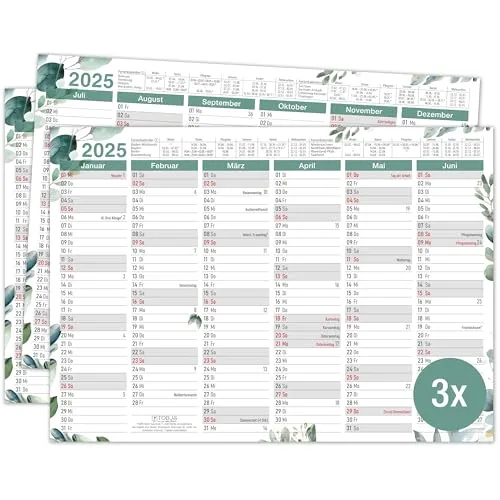 TOBJA Tafelkalender 2025 A4 Eukalyptus - 3x Kalender 2025 mit Ferien & Feiertagen | Jahreskalender, Wandkalender 2025 DIN A4 als Jahresplaner | Blattkalender 12 Monate (3 Stück Papier)