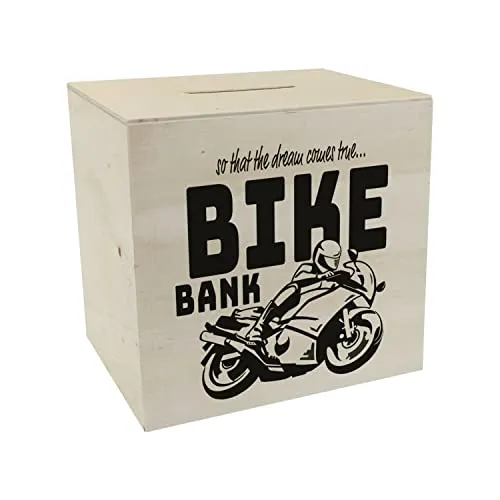 Bike Bank Spardose aus Holz in schwarz zum Thema Motorradkauf und Motorrad Fahren schöne Sparbüchse Geschenk für Sparfüchse die Träume eines Bikers mögen oder Sich ihren eigenen