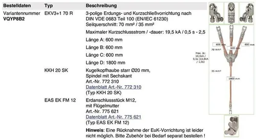 DEHN Erdungs- und Kurzschließseil VQYP8B2 - Spannungsmessgerät für sichere Erdung. 3-polig, mit einem maximalen Kurzschlussstrom von 19,5 kA, ideal für professionelle Anwendungen.