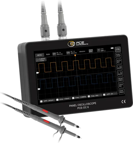 PCE OC 6 - Handheld-Oszilloskop mit 1 GSa/s - Handheld-Oszilloskop PCE-OC 6 mit 2 Kanälen und 100 MHz Bandbreite, ideal für präzise Signalanalysen und mobile Messungen dank 6000 mAh Akku für bis zu 4 Stunden Betrieb.