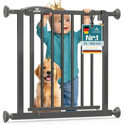 KIDIZ Treppenschutzgitter ohne Bohren – Verstellbar 81-87 cm, 75 cm hoch - Sicherer Schutz für Kinder und Hunde: Das KIDIZ Türschutzgitter überzeugt durch robuste Stahlkonstruktion, praktische Einhandöffnung und flexible Montage ohne Bohren. Ideal für jeden Durchgang.