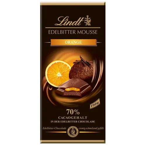 Lindt Edelbitter Mousse Orange 150g - Schokolade mit 70% Kakaoanteil, gefüllt mit dunkler Mousse au Chocolat und fruchtiger Orangenfüllung. Ein unvergessliches Geschmackserlebnis für Schokoladenliebhaber!