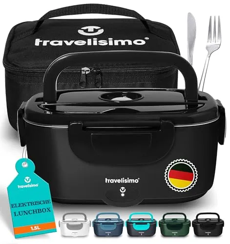 TRAVELISIMO Elektrische Lunchbox 80W - 3-in-1 Heat Box - Lunch-Boxen, ideal für Büro und unterwegs mit 1,5L Kapazität und schnellem Aufwärmen in 20-30 Minuten, perfekt für jeden, der unterwegs heißes Essen genießen möchte.