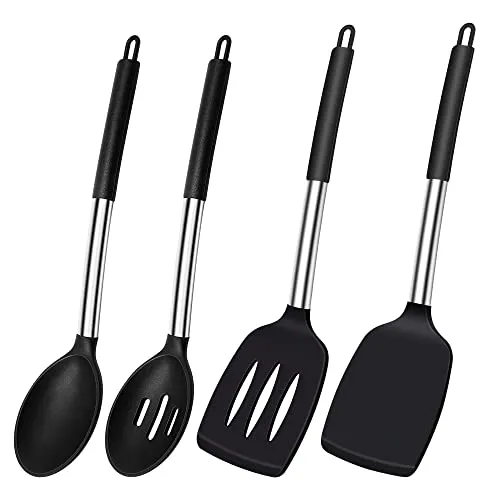 Thimmamma Silikon Pfannenwender Löffel, Hitzebeständig Spachtel Küche Geschlitzt Set für Kochen, BPA Frei Küchenhelfer Schwarz Küchenutensilien Spülmaschinengeeignet, 4 Stück, Silicone Spatula Spoons