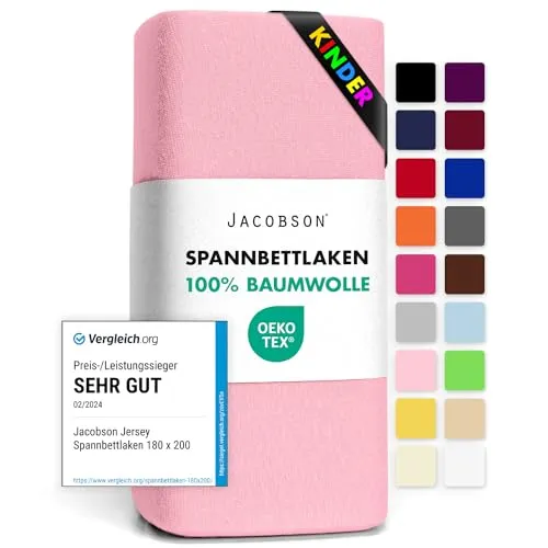 Jacobson Jersey Spannbettlaken Spannbetttuch Baumwolle Bettlaken (60x120-70x140 cm, Rosa)