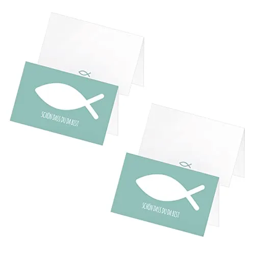 itenga 48 x Tischkarten Platzkarten Namensschild Fisch Kommunion Taufe Konfirmation Jungen Mädchen (türkis)