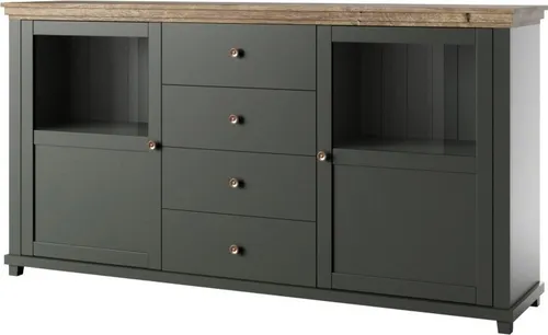 Meublorama Buffetschrank ASSIA 180cm mit LED-Beleuchtung - Klassischer Buffetschrank in Grün und Eiche, ausgestattet mit 2 Türen und 4 Schubladen. Ideal für stilvolle Aufbewahrung und einfach zu montieren. Verleihen Sie Ihrem Wohnzimmer einen modernen Akzent!
