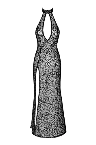 Noir Handmade F288 Langes Flockkleid im Leoparden-Look - Elegantes Tüllkleid mit Leopardendruck, verführerischem Schlitz und tiefem Rückenausschnitt. Ideal für besondere Anlässe. Verpackt in einer stilvollen Hochglanzbox, pflegeleicht bei 30 Grad.