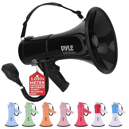 Pyle Megaphon mit Sirene & Mikrofon – 50W Lautsprecher, Aux-Eingang, tragbar, Ideal für Anfeuerung & Outdoor-Einsatz, ergonomisch & robust, mit MP3-Wiedergabe