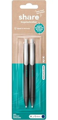 share Kugelschreiber 2er Set - Eco-Druckkugelschreiber in Blau, spendet eine Unterrichtsstunde für ein Schulkind und besteht aus 90% recyceltem Plastik