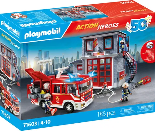 PLAYMOBIL 71603 ACTION HEROES Feuerwehr-Megaset - Mega Feuerwehrset zum 50. Jubiläum, inkl. Feuerwehrgebäude, Figuren und zahlreichem Zubehör für aufregende Abenteuer