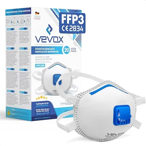 VEVOX® FFP3 Maske mit Ventil – 5er, 10er oder 20er Set - Einweg-Atemschutzmasken, hochwirksamer Schutz gegen Feinstaub, Schimmel und Asbest für sichere Atemwege.