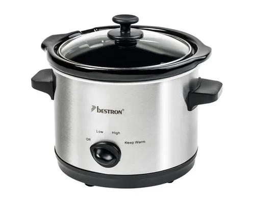 Bestron Slowcooker für 2 Personen - Dampfgarer mit 1,5 l Keramikpfanne, ideal für kleine Haushalte. Schonendes Garen von Fleisch, Gemüse und Suppen bei niedrigen Temperaturen für maximalen Geschmack und Nährstoffe.