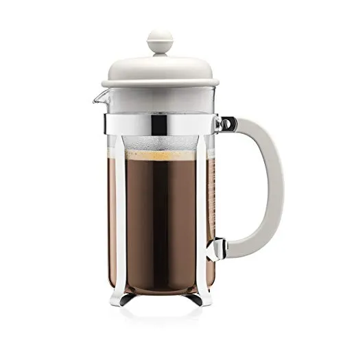 Bodum Caffettiera French Press Weiß – 1L für aromatischen Kaffee - Kaffeepressen für vollmundigen Genuss: Bereiten Sie Kaffee ohne Kapseln mit einem robusten Glas und einem wiederverwendbaren Edelstahlfilter zu – umweltfreundlich und spülmaschinengeeignet.