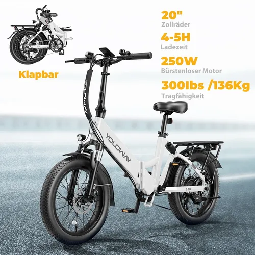 F10 E-Bike Klappbar 20 Zoll 250W 36V 12,5Ah 7-Gang Faltbares Elektrofahrrad Weiß