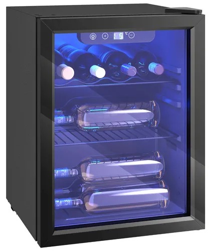 HOMCOM Weinkühlschrank für 16 Flaschen, 4-16°C, Glastür, LED-Display - Eleganter Weinkühlschrank für 16 Flaschen, ausgestattet mit LED-Beleuchtung und digitalem Temperaturdisplay. Ideal für die stilvolle Lagerung Ihrer Weine bei optimaler Temperatur.