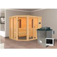 Karibu Infrarotkabine Anka mit externem Ofen und 2 Infrarotstrahlern - Massivholzsauna mit 9 kW Saunaofen, zwei Infrarotstrahlern und hochwertigem Espenholz für optimalen Komfort und Energieeffizienz.