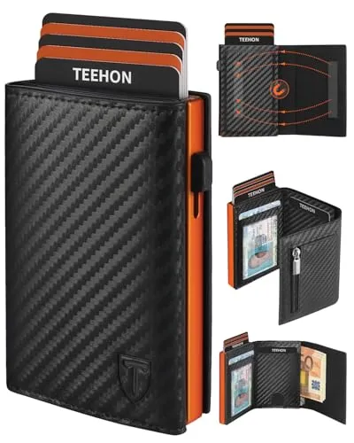 TEEHON Geldbörse Herren - Magnetischer Slim Wallet mit Münzfach&RFID Schutz&ID-Fenster-Leder Portmonee Geldbeutel kartenetui für Karten - kreditkartenetui Herren Klein - Kartenhalter Schwarz