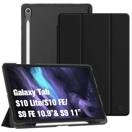 Fintie Hülle für Samsung Galaxy Tab S10 Lite/S10 FE/S9 FE 10.9" & S9 11" Tablet mit Stifthalter, Ultradünn Schutzhülle mit Translucent Rückseite Cover und Auto Schlaf/Wach Funktion, Schwarz